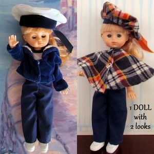 GINNY DOLL 1970s VOGUE w SAILOR & SCOTTISH TARTAN OUTFITS; CLOTHES, SHOES, EUC